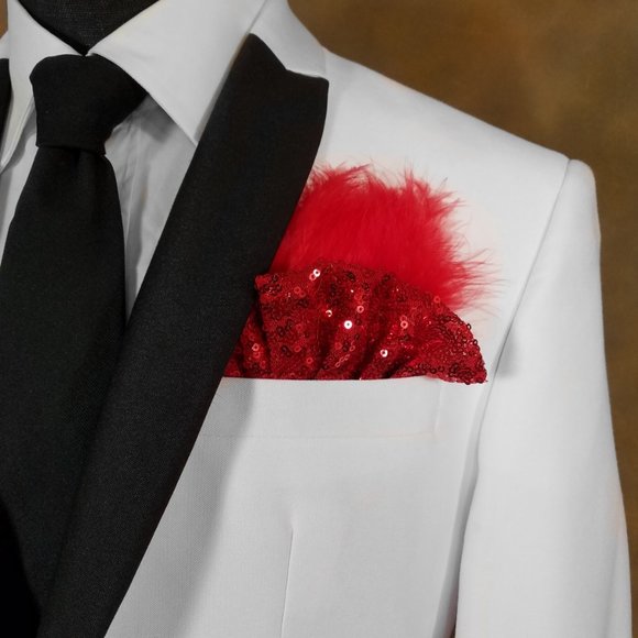 NEW Red Sequin Ruffle & Feather Pocket Square Insert - Picture 1 of 7